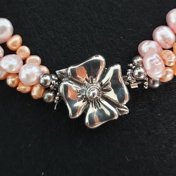 Vintage Sterling Silver 3-Strand Pink & Orange Pearl Necklace with Flower Clasp - Picture 4 of 14